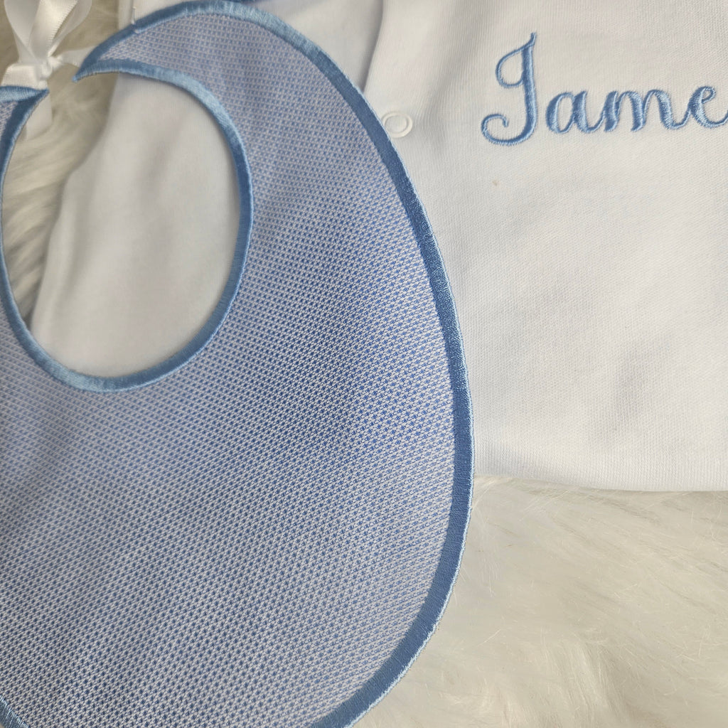 Blue collar sleepsuit bib tag
