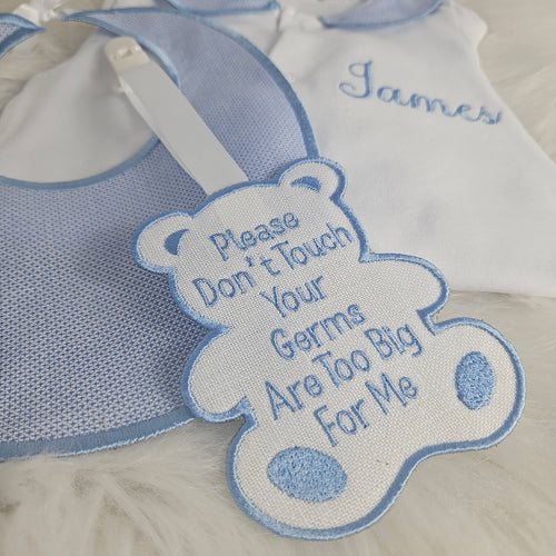 Blue collar sleepsuit bib tag