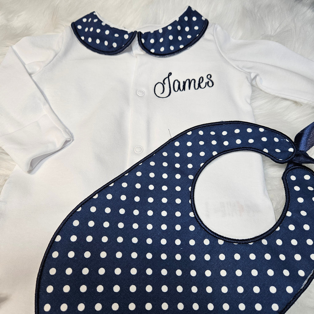 Poka dot sleepsuit collar and bib