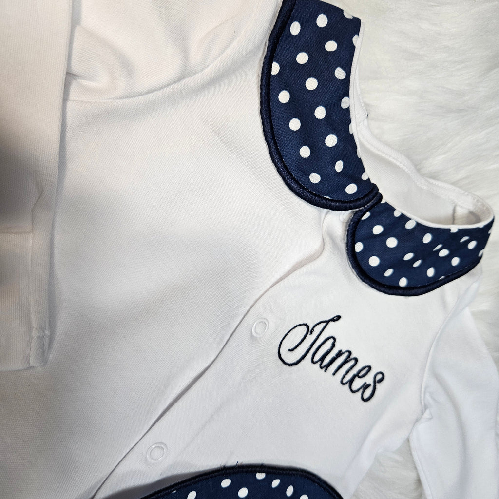 Poka dot sleepsuit collar and bib
