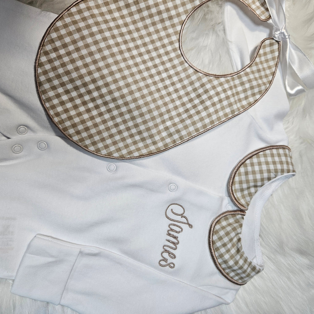 Gingham sleepsuit set collar bib